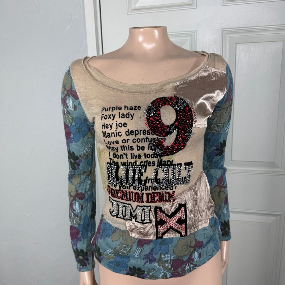 Vintage Y2K Blue Cult Denim Shirt Scoop neck Long sleeve Tee Knit Rhinestone II2